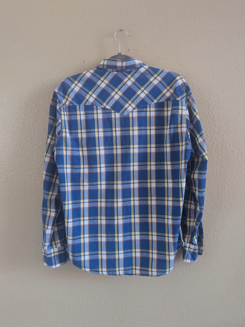 Levi's Mens Western Shirt Pearl Snap Plaid Blue Yellow White Yoke Large L 66986